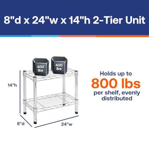 Shelving Inc. 8\" d x 24\" w Chrome Wire Shelving with 2 Tier Shelves, Weight Capacity 800lbs Per Shelf