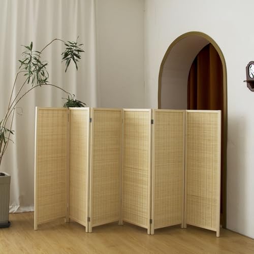 6 Panel Short Panel Divider Screen,3.95 FT Tall Bamboo Room Divider Folding Privacy Screen,Short Panel Divider Freestanding Room Divider for Room Seperation,Beige