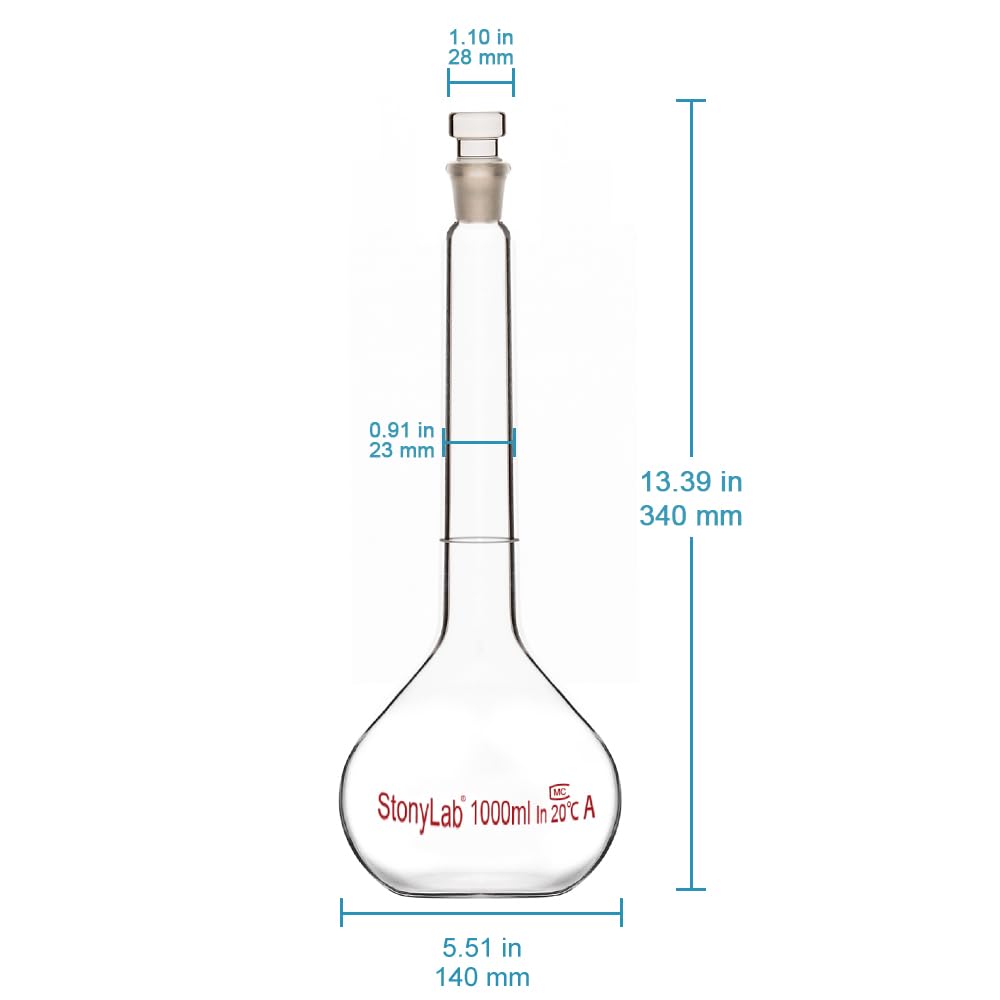 Matraz Aforado Clase A 1000 ml, Vidrio Borosilicato, Tapón de Vidrio, Frascos Volumétricos de Laboratorio