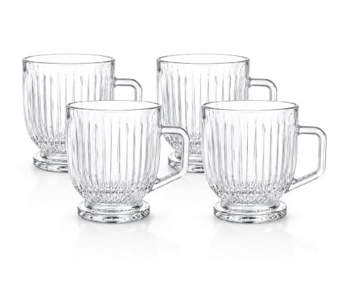 Image of IndusBay Fluted Glass Tea Cups with Handle [Pack of 4] (160ml) - Premium Crystal Clear Coffee Mugs, Vintage Ribbed Chai Glasses |Lead-Free & BPA-Free