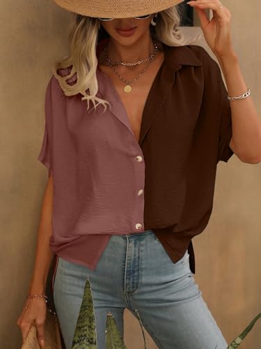 Image of GRECIILOOKS Polycotton Shirt for Women | Shirt Top | Color Block Button Down Blouse Casual Loose Fit Short Sleeve Summer Shirts Work, Vacation & Everyday Wear