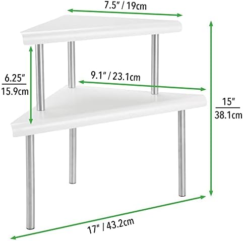 mDesign Kitchen Storage Shelves with 2 Tiers  Store Kitchen Accessories on Work Surfaces and in Cupboards  2-Tiered Corner Shelves Made of Metal and Stainless Steel  Matte White/Brushed Silver