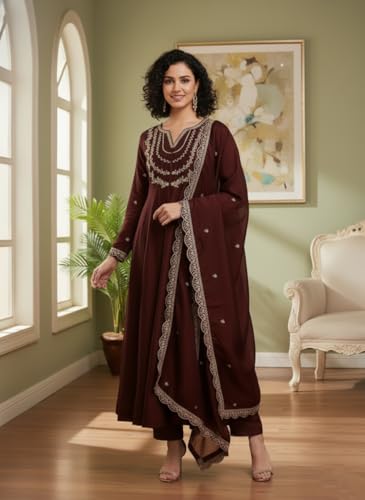 Image of Yashika Women's Silk Blend Embroidered Anarkali Kurta Set with Dupatta | Full Length Ethnic Wear for Women | Wedding
