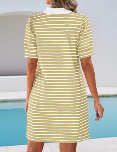 Image of ZESICA Womens Summer Striped T Shirt Mini Dresses 2026 Casual Lapel V Neck Short Sleeve Flowy A Line Beach Vacation Dress