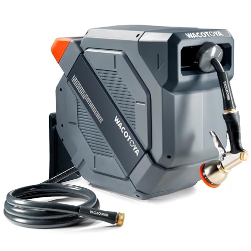 WACOTOYA Retractable Garden Hose Reel 5/8 in x 75 ft Professional Metal Bracket & 9-Pattern Metal...