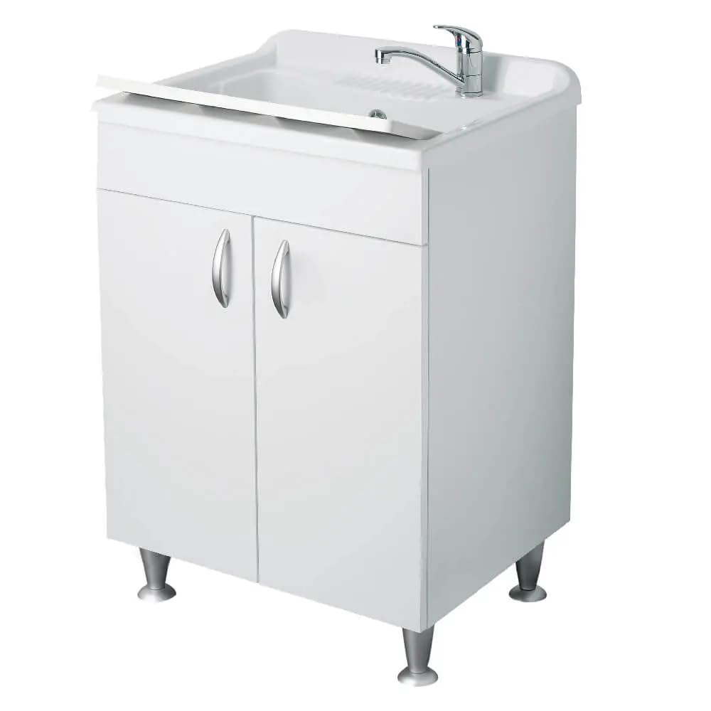 Negrari Eco Bianco Lavatoio Misura 45x60 L45 P60 H85 CM Lavapanni Interno Bagno Base Legno Vasca Lavabo Plastica Asse PP Sifone Piedini Regolabili Ante Sportelli Battenti Economico Qualità Medio Alta