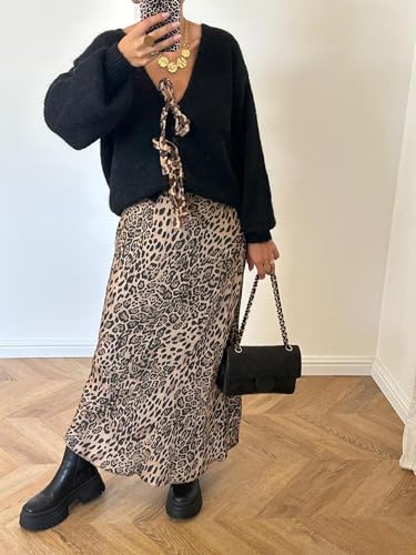 Image of Women's Leopard Tie Front Knitted Cardigan Y2K Long Sleeve V Neck Knit Sweater Top