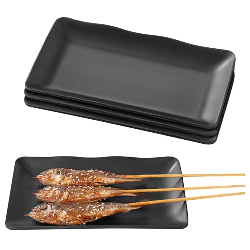 LEKEFETO Lot de 4 assiettes de service, rectangulaires, en mélamine, noires mates, pour barbecue, hotpot et fête, passent au lave-vaisselle et incassables,...