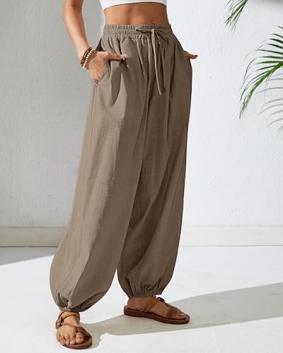 Bsubseach Womens Cotton Harem Pants Elastic Waist Baggy Pant Drawstring Lantern Trouser Loose Beach Pants with Pockets3