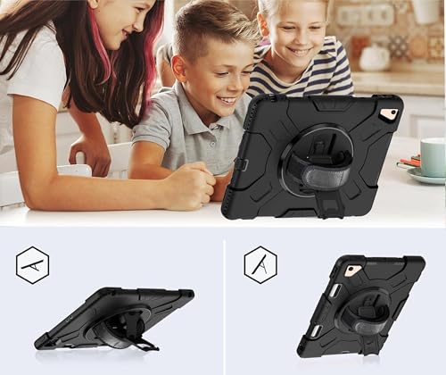 Image of TGK Heavy Duty Hybrid Case for iPad 10.2 inch 8th Gen Shockproof Sturdy Cover with Rotating Stand, Handle and Pen Holder Black