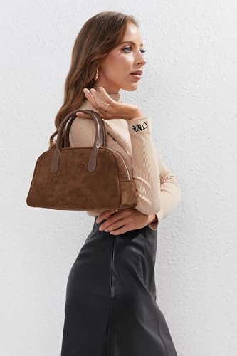 JOLLQUE Suede Handbag for Women,Vintage Top Handle Shoulder Bag,Retro Winter Autumn Work Tote Purse3