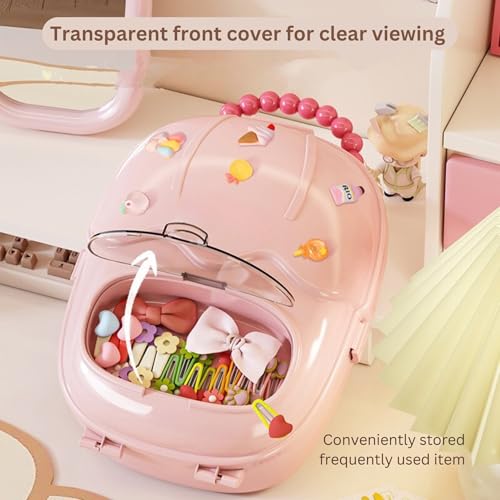 Image of KiZY Girl Kid Hair Accessories Storage Box | Hair Ties-Clips, Bow-Ribbon-Headband, Jewelry Organizer | Portable Case | Available in Multiple Design-Color. (Pack of - 2, Pink Trolly)