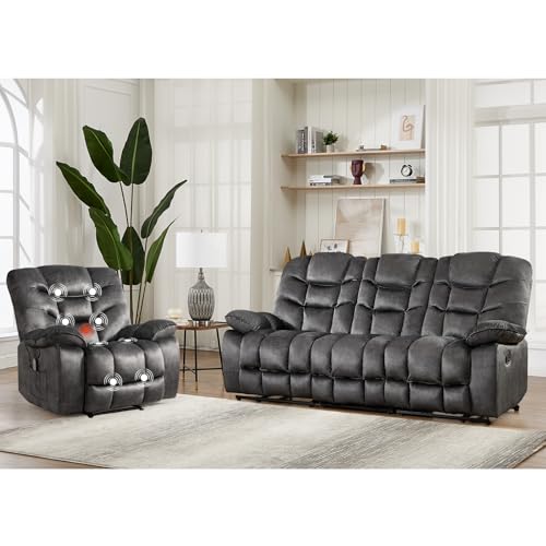 Image of HAOMARKETS 2-Piece Recliner Sofa Couch Set, Include Single Power Electric Recliner Chair with Massage& Heat and 3 Seat Manual Reclining Sofa for Living Room Bedroom, Grey