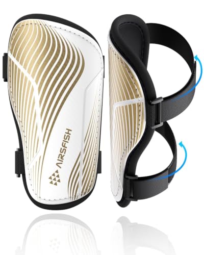 Shin Guards Soccer Kids Youth, CE Certified AirsFish Shin Guard Protection Gear for 2-18 Years Old Boys Girls Teenagers High Impact Resistant Comfortable 1 Pair (White+Gold Wave, Medium)