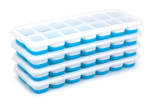 VAN EVERLY Ice Cube Tray 4 Pack with Removable Lids - Silicone Ice Trays For Freezer - BPA Free, Easy Release and Flexible - Covered and Great For Stacking (Blue)