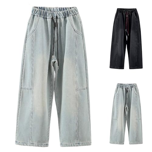 Boys Girls Wide Leg Jeans Elastic Waist Baggy 𝗗rawstring Retro Denim Pants Streetwear 𝗩intage Trousers2