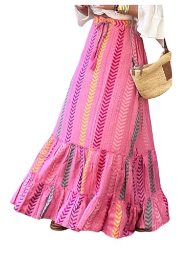 Floerns Women's Summer Maxi Skirt Geo Tiered Ruffle Hem Beach A Line Skirts