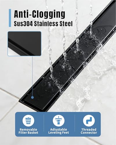 Image of 28 Inch Matte Black Linear Shower Drain | CUPC Certified 2-in-1 Tile Insert for Curbless Showers. 304 Steel, 15.8GPM Flow. Includes Hair Catcher & Adjustable Feet.