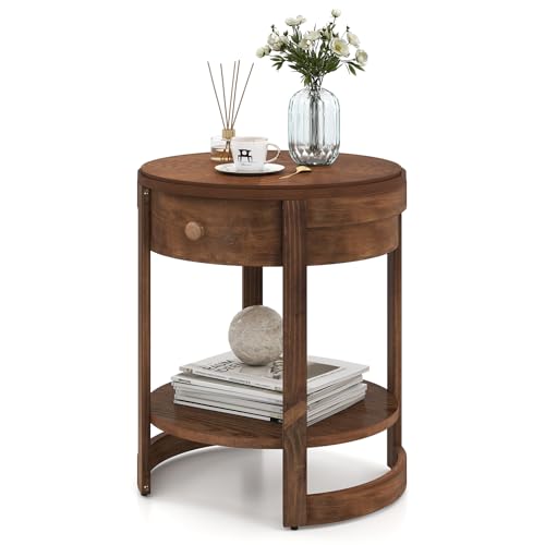 Giantex Round Side Table, 2-Tier Wooden End Table with Drawer and Shelf, Vintage Wood Grain Finish, Retro Circle Night Stand for Living Room Bedroom, Walnut