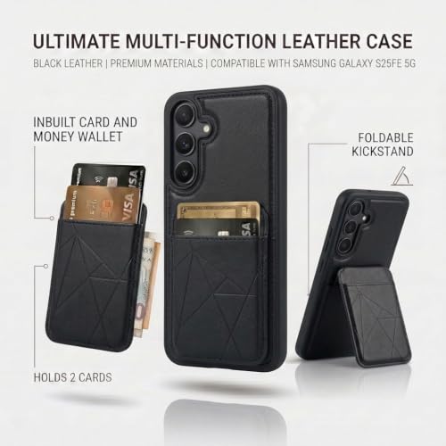 Image of amazon basics Premium Vegan Leather Back Cover with Card Holder and Integrated Mobile Stand for Samsung Galaxy S25FE 5G - Slim Shockproof Wallet Case with Geometric Stitching [Black]