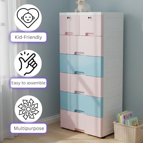 Image of The Tickle Toe Plastic Chest of 7 Drawers for Kids | Multipurpose Organizer with 2 Locks | Glossy Dresser for Clothes & Toys | Portable Cabinet | L51xW33xH121 cm | 5 Pink & 2 Blue Drawers