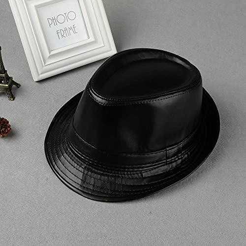Utaly Pu Leather Trilby Fedoras Panama Jazz-Hat Short Brim Bowler Hat (S-M) (Black) #TOP3