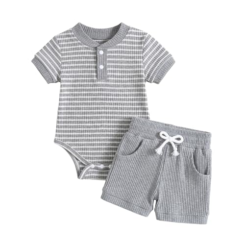 Image of Hihosdor Baby Boy Clothes Ribbed Short Sleeve Striped Romper Top Solid Shorts with Pocket Baby Boy Summer Outfits 0-18M
