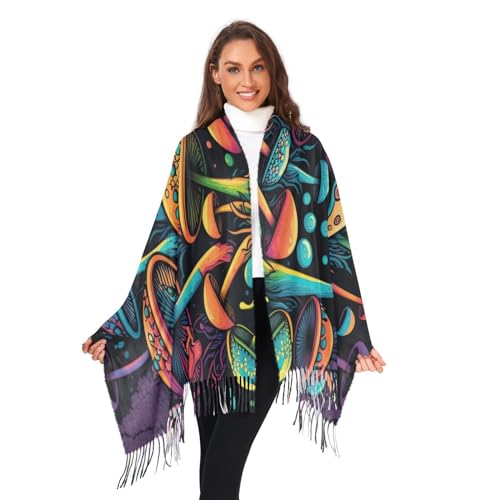 Scarf for Women Magical Mushrooms Pashmina Soft Cashmere Scarf Tassel Shawl Scarf Wraps Warm for Fall Winter 86×30 in - Main Image