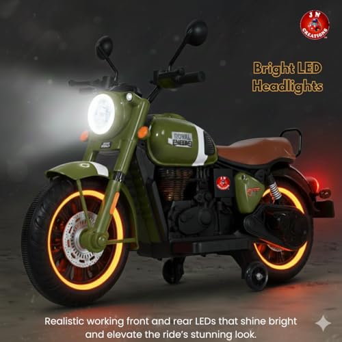 Image of BRoyal Enfield 12V Battery Operated Ride-On Classic-350 Bike for Kids | Rechargeable Electric Bike with LED Lights, Music & Horn | Ages 2-8 Years (Green)