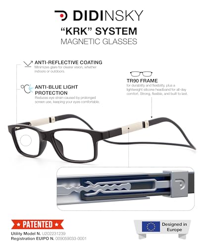 DIDINSKY Okulary prezbitowe z magnesami i filtrem niebieskiego światła. Magnetyczne okulary do czytania dla mężczyzn i kobiet z soczewkami antyrefleksyjnymi. Graphite +2,0 - DIKRIK FLEX THYSSEN,