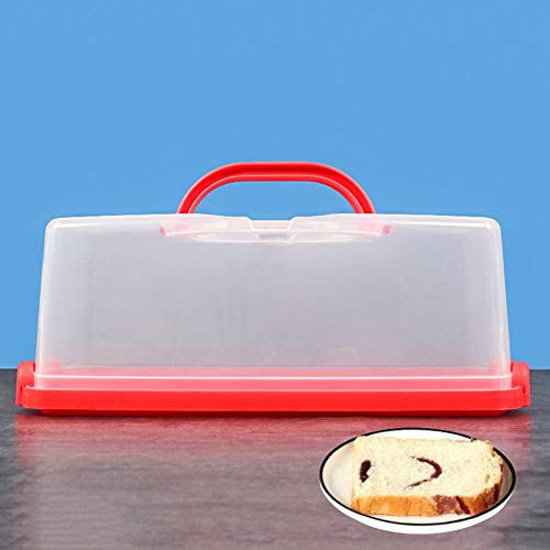 Portable Bread Box with Handle Loaf Cake Container Plastic Rectangular Food Storage Keeper Carrier 13inch Translucent Dome for Pastries, Bagels, Bread Rolls, Buns or Baguettes (Red)