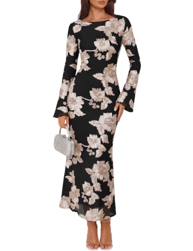 ZESICA Women Fall Long Sleeve Wedding Guest Cocktail Midi Dress Black L