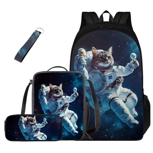 HUGS IDEA Space Cat Backpack for Girls with Lunchbox Cute Animal Backpack for Girls 8-10 Large 17 Inch Shool Bag Set for Middle School Lightweight Book Bag for Kids Back to School Gifts