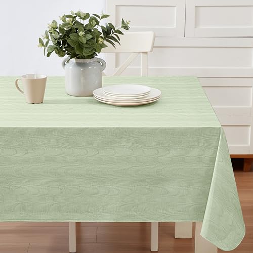 Newbridge Vinyl Flannel Backed Tablecloth, 52 x 70 Inch Rectangle, Sage Green Moire Wavy Solid Design, Heavyweight Indoor Outdoor Waterproof Table Cover, Easy Care Wipe Clean