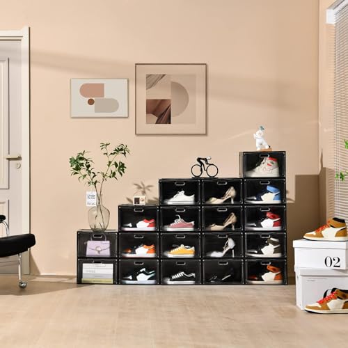 Image of 8 Pack Drop Side Shoe Boxes, Large Stackable Shoe Storage, Thick Plastic | Sneaker Storage with Magnetic Door, Shoe Organizer for Closet, Sturdy Shoe Containers, Sneaker display Case Fit up to Size 13