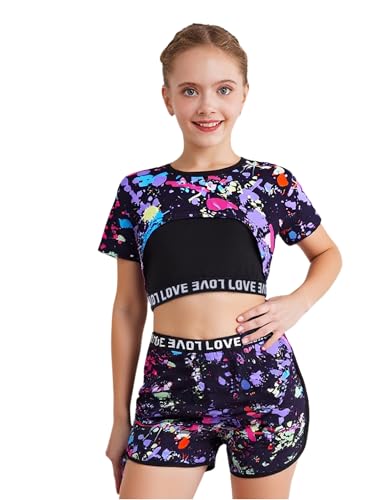 FEESHOW Kids Girls 3 Pcs Summer Outfits Short Sleeve Graffiti Print Crop Top Cami Vest with Shorts Clothes Set Tracksuit Multicolor 10-11 Years3