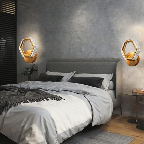 Image of Groeien Pack of 2 | 10W | 3 Color Modern LED Hexagon Shape Crystal Wall Sconce Gold Wall Light for Bedroom Living Room Corridor Lighting Fixtures Wall Mount(Hexagon Crystal-Golden, 2)