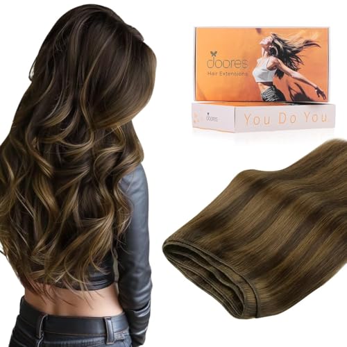 Image of DOORES Weft Hair Extensions, 14 Inch 80g Balayage Light Brown to Light Chocolate Brown and Light Chestnut Brown, Sew In Real Hair Extensions for Women