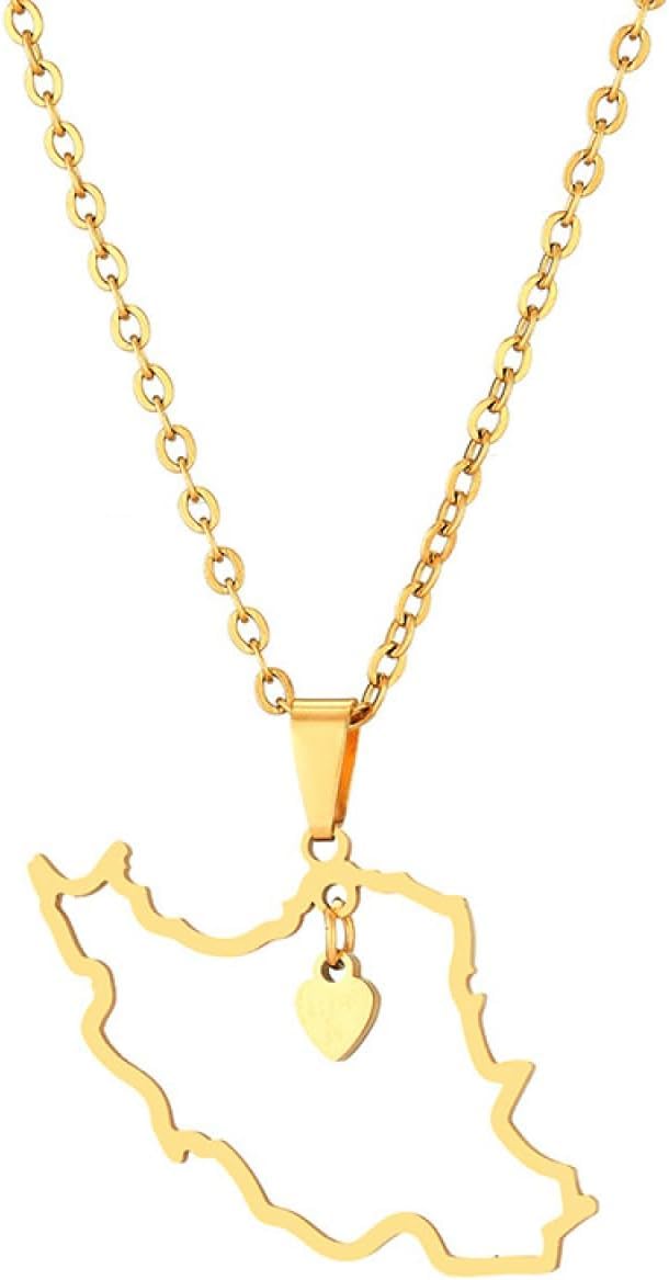 Collier Pendentif Carte De L'Iran - Bijoux Ethniques Hip Hop Drapeau Iran Contour Géographie Unisexe