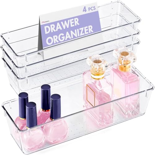 Image of LIVINGBASICS 4 Pcs Unbreakable Drawer Organizer /Drawers Organisers /Make up Organiser /Drawer Divider Tray /Makeup Dresser Tray /Dressing Table Organiser (Plastic)