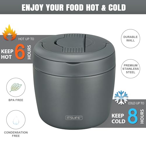 Image of Itslife 32oz Insulated Soup Thermo, Vacuum Stainless Steel Food Jar for Hot & Cold Food, Leakproof Wide Mouth Lunch Container with Spoon, Grey