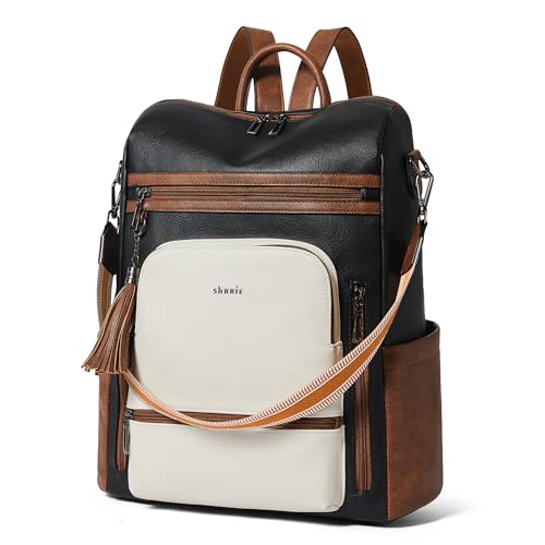 Shrrie Mochila feminina de couro vegano para laptop de 35,5 cm, mochila de viagem moderna para faculdade de negócios, Preto com marrom e branco, Moderno