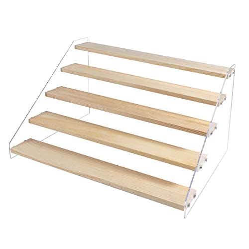 PACKGILO 5 Tier Acrylic Display Stand for Figures, Wooden Risers, Craft Fair, Acrylic Cupcake Stand, Dessert Table Top, Jewelry Displays, Craft Shows, Cologne, Perfume Shelf