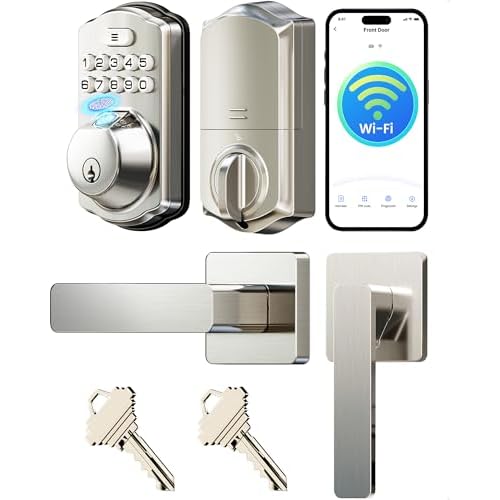 Veise VE012W-L Built-in WiFi Fingerprint Smart Lock with Lever Handle Set, App Remote Control, Keyless Entry for Front Door, Deadbolt Digital Backlit Keypad, Voice Assistant, Auto Lock, Sati