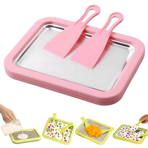 Rolled Ice Cream Maker, Ice Cream Roll Maker with 2 Scrapers, Ice Cream Roller Maker Freezable Pan, DIY Instant Rolled Ice cream Plate for Kids and Adults Making Homemade Yogurt Sorbet Gelato (Pink)