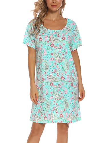 Image of ENJOYNIGHT Womens Cotton Nightgown Short Sleeve Sleepshirt Print Nightshirt | Short-Sleeve Crew Neck, Soft Cotton Fabric, Cartoon Printed Sleep Shirt, Loose Fit