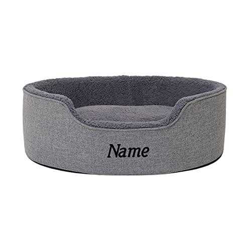 lionto Hundebett mit Wendekissen und waschbarem Bezug, formstabiles Hundekörbchen mit Anti-Rutsch-Noppen, 73x60 cm, kuscheliges Heimtierbett für Hunde und Katzen mit Plüsch, grau (Namensaufdruck)