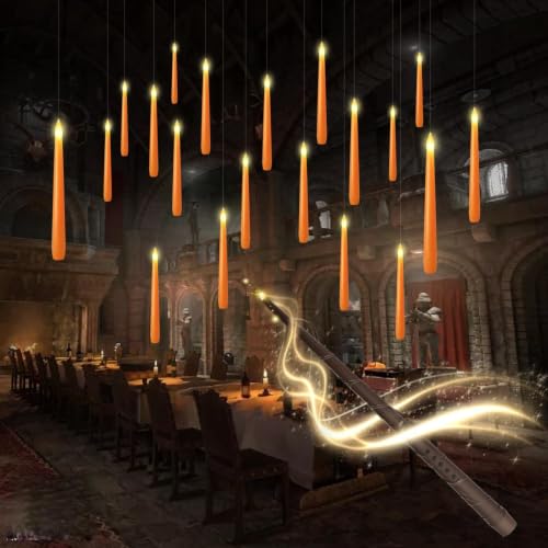 Image of kakoya Flameless Floating Candles with Wand,20 Pcs Magic LED Hanging Taper Candles,Flickering Battery Operated Taper Candle with Wand Remote for Halloween Decorations Best Gift(Orange)