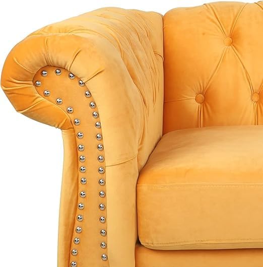 Image of Solid Wood Velvet Fabric L Shape Sofa Sofa for Living Room Button Tufted Sofa Chair for Home & Office (Left Aligned L-Shaped (Yellow)