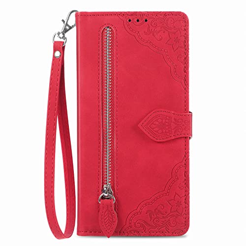 NEXCURIO Zip Wallet Case Compatible with Google Pixel 6 5G Phone Case Wallet with Credit Card Holder Strap Stand Women Leather Flip Case Floral Folding Cover Shockproof